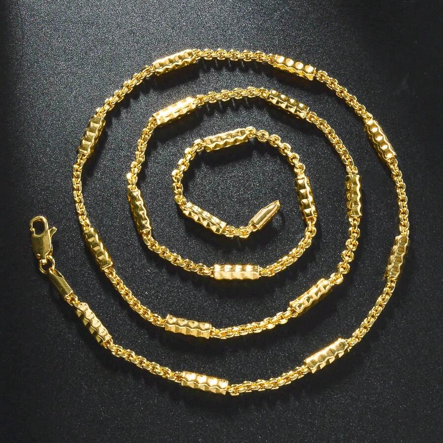 1pc 14K Gold Plated Copper Textured Chain Necklace, Shiny Hip-Hop Style Design, Suitable For Men And Women Everyday Wear - Gold - View 1