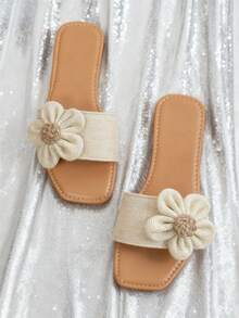 Women's Flat Sandals With Tassels, Versatile Blue Casual Open Toe Slip-On Beach Shoes, 2025 Summer New Casual Plastic Slippers - Beige - View 2