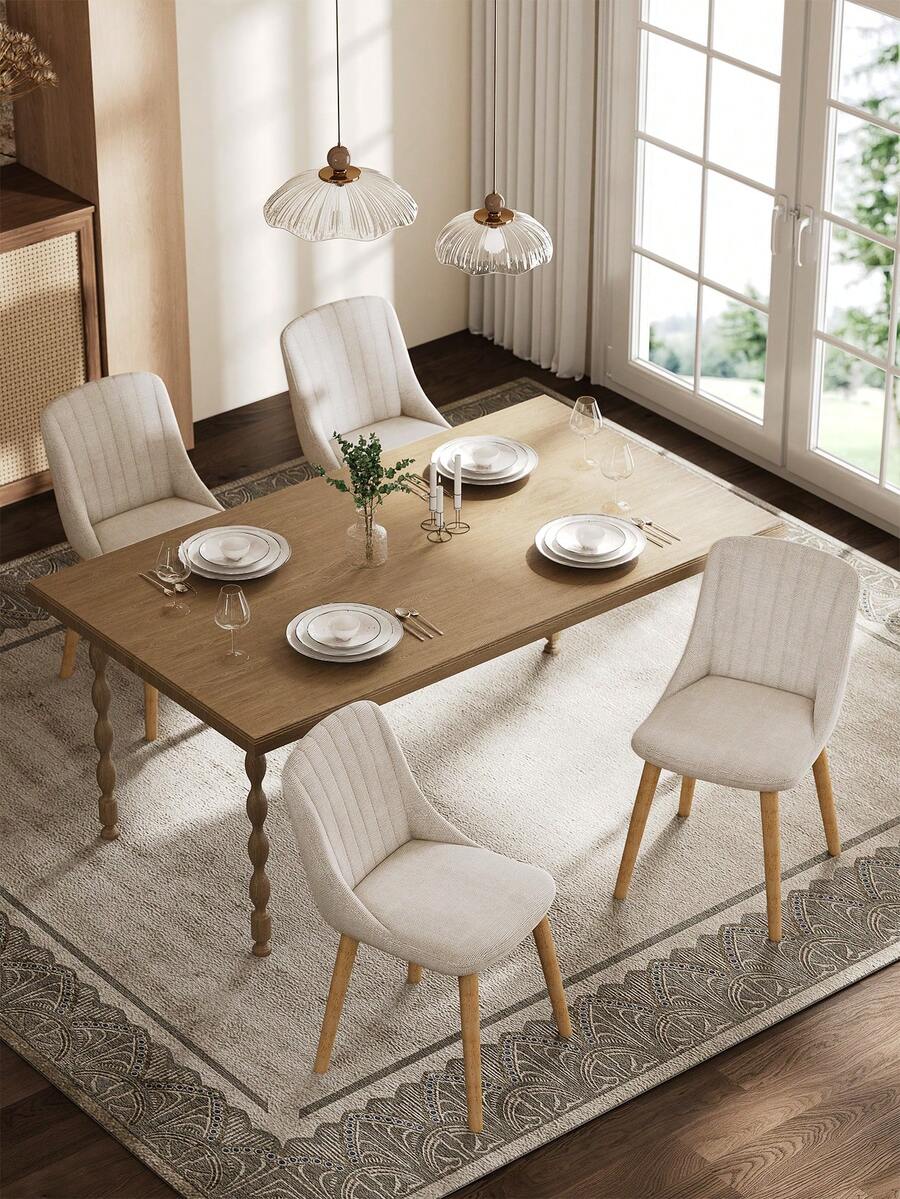 Goeurvant Modern Minimalist Vertical-Stripe Upholstered Dining Chairs With Ergonomic Back & Solid Wood Legs For Living Room, Kitchen, Bedroom - Set Of 2 / Set Of 4 / Set Of 6 - Beige - Màu be - Xem 1