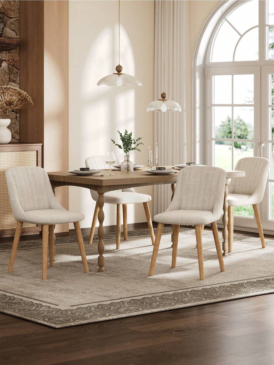 Goeurvant Modern Minimalist Vertical-Stripe Upholstered Dining Chairs With Ergonomic Back & Solid Wood Legs For Living Room, Kitchen, Bedroom - Set Of 2 / Set Of 4 / Set Of 6 - Beige - Màu be - Xem 1