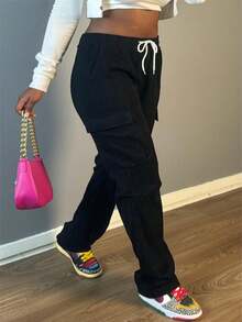 WGXWGX Plus-Size Women's Casual And Versatile Black Cargo Jeans With Side Pockets, Elastic Waistband, Drawstring, Loose Straight Leg, Non-Stretch, Machine Washable, Suitable For Everyday Wear, Commuting, And Work. - màu đen - Xem 3