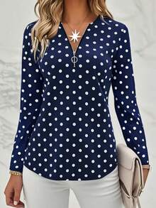 Camiseta de mujer de lunares azul marino y blanco - Elegante con cremallera frontal de manga corta a media, camisa de manga larga transpirable, lavable a máquina, uso casual y formal, estilo de vacaciones