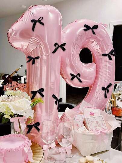 7pcs/Set 40-Inch Black Bow-Adorned Number Balloon Decorations, Pink 0-9 Number Aluminum Balloon Decorations, Suitable For Birthdays, Parties, Valentine's Day, Anniversaries, Weddings, Background Room Decorations, Bow-Adorned Numbers, And New Year Decorations.