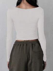 Women Henley Shirt Casual Solid Color Retro 1/2 Button Long Sleeve Y2K Slim Fitted Ribbed Knit Crop Tops - 白色 - 查看 2