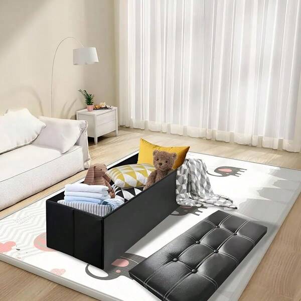 Folding Storage Ottoman: 38x76x38cm Black Synthetic Leather - 110L Capacity, Quick Assembly For Living Room &Amp; B...