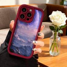 Cubierta de teléfono con borde protector negro diseño de paisaje espacial con montañas y planeta en tonos púrpura y rosa para uso diario y estilo moderno - Burdeos - Ver 2