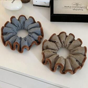 2个韩式格子蕾丝发圈，超大号慵懒丸子头发圈，时尚女士发饰，发圈