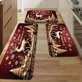 Modern Bright Christmas Kitchen Decor - White Cabinetry Gold Handles Light Wooden Floor, Red Christmas Mat With White Deer Gold Trees Stars Snowflakes Baubles Merry Christmas, Stainless Steel Kitchen