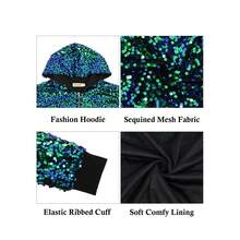 Women's Sequin Zip-Up Hooded Jacket With Ribbed Hem And Long Sleeves For Party Wear - Green - View 6