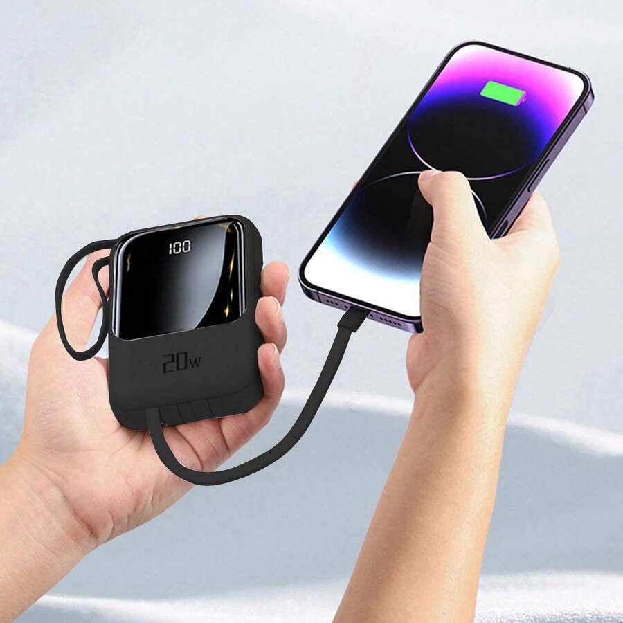 Mini banco de energía de 10000 mAh con carga rápida, luz LED superbrillante, pantalla digital inteligente, entrada micro y tipo C/salida USB-C, 4 cables de carga integrados, cargador portátil para teléfono móvil, ideal para viajes al aire libre. - todo - Ver 1