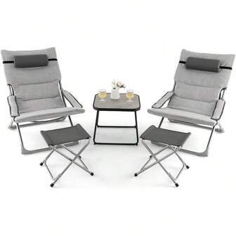 5 Piece Patio Sling Chair Set, Folding Beach Chair/ 2 Ottoman Coffee Table, Removable Cushion Headrest Included, Portable Outdoor Chair Set Balcony, Garden
