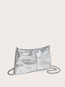 Women's Square Shoulder Bag, Pleated PU Leather, Cracked Texture, Metal Chain, Lightweight & Fashionable, Suitable For Outings And Shopping - Silver - View 2