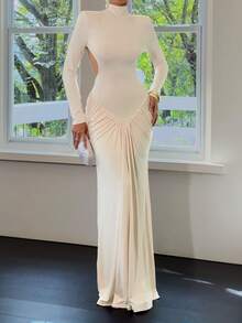 Sedessea Solid Color Elegant Ruffled Hollow Out Drape Wedding Party Dress - Apricot - View 6