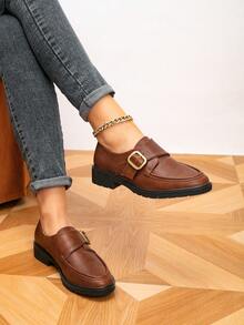 Giày lười nữ, Giày bệt mũi tròn có khóa kim loại, Giày bệt nữ phong cách ngoài trời cổ điển, Giày thường ngày - màu nâu - Xem 2