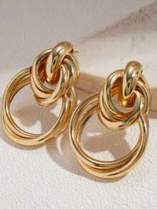 一对几何造型光滑表面极简时尚耳环，韩日风格 - 金色1 - 查看 2