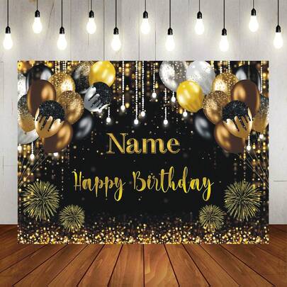 Customizable Name Black Gold Balloon Happy Birthday Backdrop Glitter Sequins Balloon Gold Fireworks Design Perfect For Birthday Parties, Cake Smash Backdrops, Decorations, Photography Banners, Vinyl
