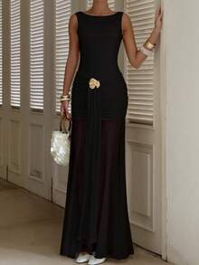 女士性感优雅纯色长裙，深V露背设计，金属搭扣点缀，褶皱镂空和鱼尾裙摆——完美适用于正式晚宴、婚礼招待会和鸡尾酒会。黑色夏季 - 黑色 - 查看 7