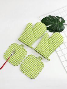 2只/4只装厨房烘焙隔热手套和隔热垫，绿色格子和咖啡色格子，双面绗缝可水洗耐热手套，烹饪隔热手套，隔热垫套装，圣诞烹饪礼品套装 - 格子套裝 - 查看 7