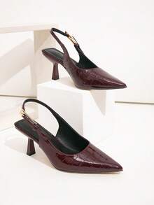 Wide Fit Glossy Brown Stone Texture Metal Buckle Decor Backstrap Stiletto Heel Pumps, Versatile For Daily Wear, Banquet, Party, Fashion Plus Size Women - Brown-red - View 9