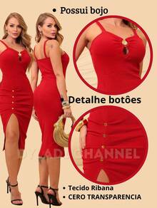 Midi Dress In Ribbed Cotton With Elastic Button, Side Slit, And Stylish For Summer. Women's Fashion. - Red - View 5