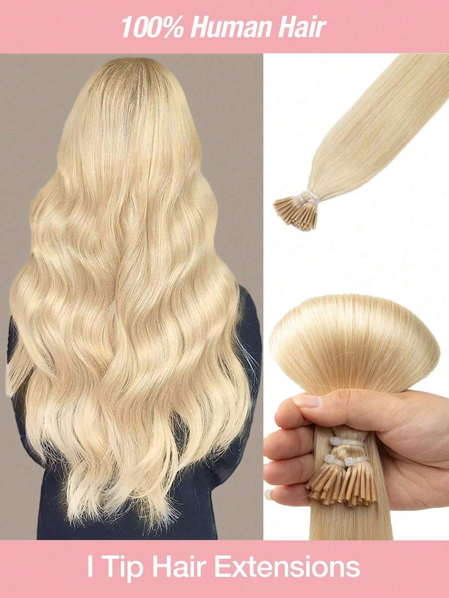 50pc/100pc/150pc/200pc Color Blonde Fusion I-Tip Human Hair Extensions With Keratin Glue Human Hair Extension Invisiable Straight Hair High Quality Wholesale Price Easily Add Volume, Length Or New Color, Suitable For Daily Wear Or Special Occasions Weddings/Christmas, Providing Luxurious Volume And Length - Blonde 1 bag - 查看 1