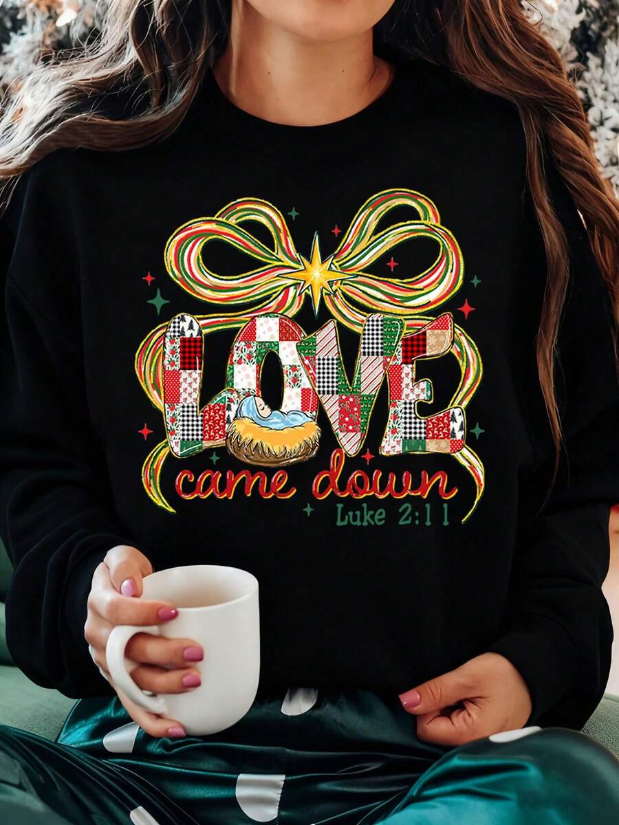 Christmas Love Came Down Luke 211 Christian Holiday Sweatshirt Women Christmas Sweater Religious Christmas Gift Xmas Outfit Cozy Winter Top - Black - View 1