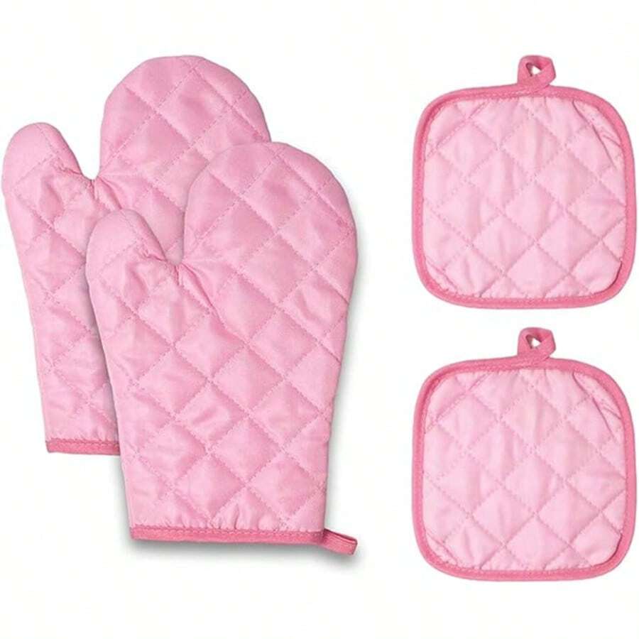 Pink Heat Resistant Oven Mitts And Potholders Set, 2 Packs Of Quilted Gloves And 2 Packs Of Heatproof Pads, Strong Grip For Hot Pans, Ideal For Cooking, Baking, BBQ, And Kitchen Use