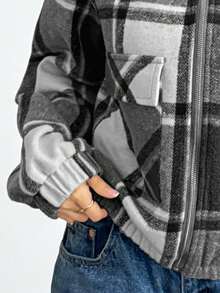 Chaqueta de mujer a cuadros con capucha, hombros caídos, cremallera, forro cálido, corte regular, manga larga, poliéster, bolsillos, estilo elegante e informal. - Negro - Ver 6