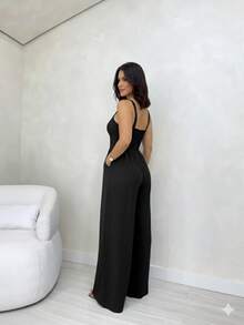 Long, Sensorial Jumpsuit With Wide Legs, Straight Neckline, And Medium Straps. - 黑色 - 查看 4