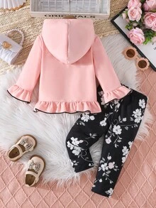 Baby Girls Autumn Outfit, Hoodie Jacket With Flare Sleeves & Bow Hem, Paired With Floral Print Elastic Waist Pants, Comfortable Outdoor Set - Multicolor - View 2