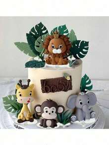 Forest Leaf Cake Topper, Jungle Animal Soft Doll, Lion Giraffe Elephant Monkey Turtle Leaf Grass Cake Decoration, Suitable For Birthday Cake Decoration, Christening Forest Theme Party Cake Decoration Supplies(Please Use With The Tray.)