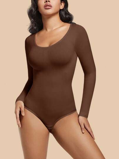 Women's Brown Bodysuit Shapewear Tummy Control Butt Lift Seamless Body Suit Long Sleeve