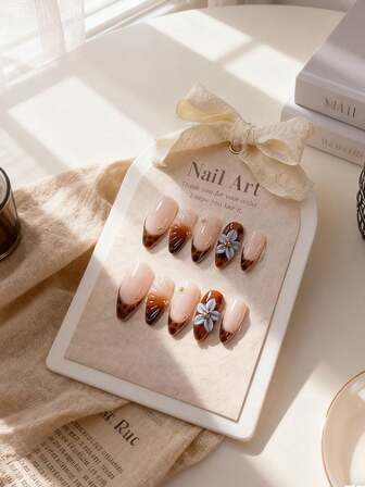 10pcs Handmade Almond-Shaped Chocolate-Colored Leopard Print French Manicure Fake Nails, Handcrafted 5-Petal Flowers, Hand-Painted Tie Dye Leopard Print, Elegant And Romantic Minimalist Wearable Nail Stickers, Suitable For Daily, Dates, Concerts And Light Business Occasions, An Excellent Gift For Women And Girls