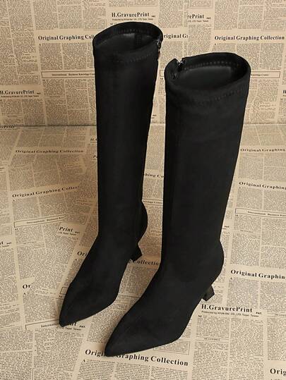 1 Paar Große Größe spitze elegante Modestiefel, schmale hohe Absätze mit Seitlichem Reißverschluss, schwarze Knie-Hohe Winterstiefel, Kitten Heels