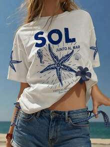 Maglietta a maniche corte morbida con stampa a stelle marine, abbigliamento estivo da spiaggia e vacanza per ragazze - Bianco - Visualizzare 1