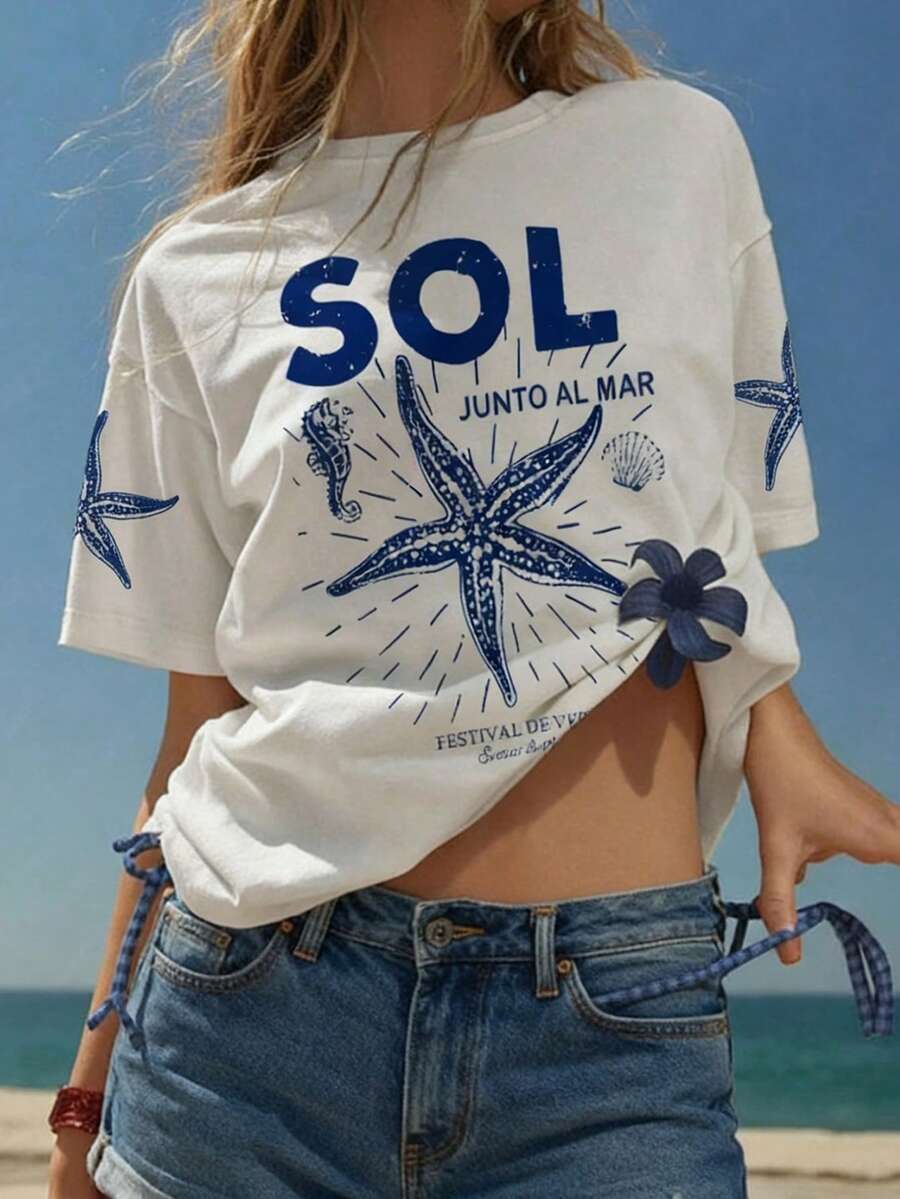 Maglietta a maniche corte morbida con stampa a stelle marine, abbigliamento estivo da spiaggia e vacanza per ragazze - Bianco - Visualizzare 1