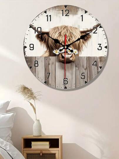 [10/12 Inch Silent Wooden Clock] 1pc Highl Cow Daisies Wand Clock, 10/12 Round Non Ticking, Battery Operated, Rustic Farmho Home, Living Room, Kitchen, Bedroom AA Not Included view 2
