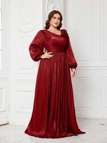UNITHORSE Plus Size V-ringad Lanternärm Enfärgad 3D Blommig Dekor Lång Aftonklänning, Brudtärneklänning, Examensklänning, Formell Klänning Fest Bröllop Vår - Bourgogne - Visa 7