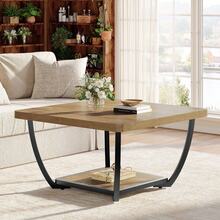 LITTLE TREE Square Coffee Table With Storage Shelves, 31.5" Farmhouse 2-Tier Accent Center Cocktail Table With Arc Metal Frame For Living Room, Brown & Black - 棕色和黑色 - 查看 7
