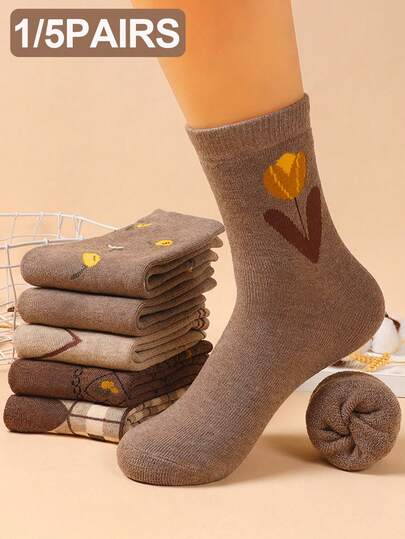 1/5 Pairs Women Plaid & Tulip Pattern Thermal Lined Warm Comfortable Casual Mid-Calf Socks