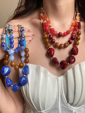 1pc Bohemian Style Resin Cloud Effect Irregular Geometric Beaded Multilayer Necklace With Crushed Stones, Gift & Daily Wear