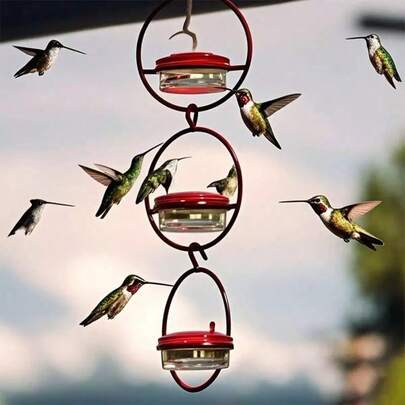 3pcs Metal Hanging Hummingbird Feeder With Red Glass Bottles, Transparent Design & Perches - No Electricity/Battery Needed, Attracts Birds To Garden, Outdoor Use, Hummingbird Feeders For Outdoors Hanging, Bird Feeding Station, Decorative Bird Feeder, Nopower Needed Feeder, Durable Bird Feeder
