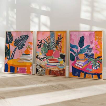 3幅彩色抽象植物印花画，现代波西米亚风墙面装饰，充满活力的热带植物艺术，打造个性家居画廊，明亮客厅，帆布墙画，房间海报，家居装饰，房间装饰美学，房间装饰用品。可选画框。