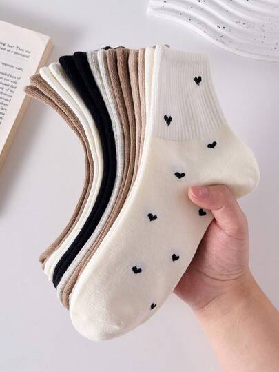 5 pares de calcetines de tobillo para mujer con estampado de corazón en blanco y negro, ligeros y cómodos, surtido de colores aleatorios