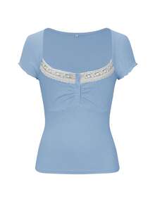 Y2K Preppy Style Women's Summer Casual Lace Patchwork Crew Neck Short Sleeve Knit T-Shirt - Blue - View 3