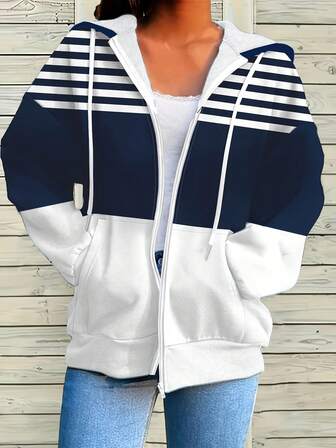 Women's Loose Striped Contrast Zip-Up Pullover Sweatshirt - Navy Blue And White Horizontal Stripes, Medium Stretch Fabric, Machine Washable, Casual For All Seasons, Medium Elasticity, Fashion Essential, Breathable And Comfortable Pullover
