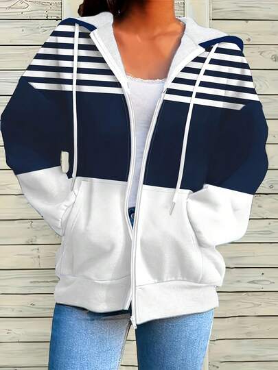 Women's Loose Striped Contrast Zip-Up Pullover Sweatshirt - Navy Blue And White Horizontal Stripes, Medium Stretch Fabric, Machine Washable, Casual For All Seasons, Medium Elasticity, Fashion Essential, Breathable And Comfortable Pullover