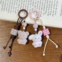 1 pièce Porte-clés unisexe coréen mignon d'ours et de lapin, pendentif de patte d'animal en peluche de dessin animé, accessoire de sac/porte-clés à corde tressée pour l'atmosphère d'automne/hiver - Multicolore - Voir 6
