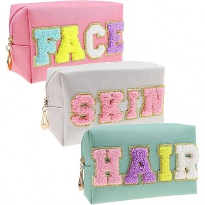 3 Pcs Preppy Patch Bag, Travel Cosmetic Bag With Chenille Letter, Nylon PU Leather Waterproof Bags With Zipper, Skin Hair Face Toiletry Bags Women, Students,