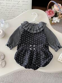 3pcs Baby Girl Sweet Peter Pan Collar Undershirt, Ditsy Floral Vest, Ruffle Pants Set, Autumn